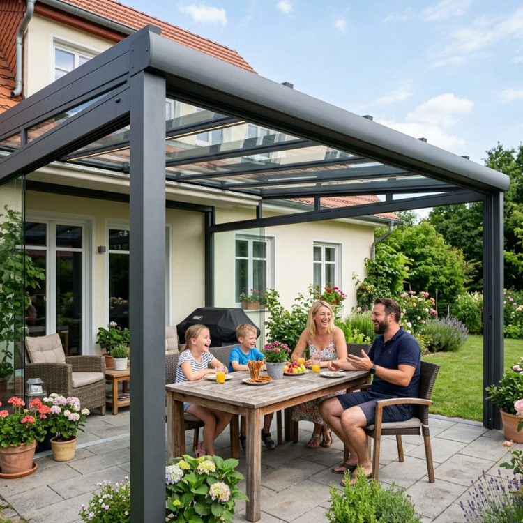 Baugenehmigung Terrassenüberdachung Brandeburg - Zufriedene Familie mit Kindern sitzt unter ihrer neuen Überdachung auf der Terrasse