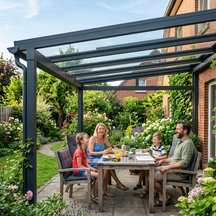 Baugenehmigung Terrassenüberdachung Bremen - Bremer Familie mit Kindern sitzt unter ihrer neuen Überdachung