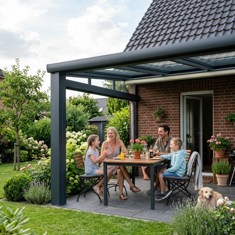 Baugenehmigung Terrassenüberdachung Hamburg - Fröhliche Familie mit Kindern sitzt unter ihrer neuen Überdachung