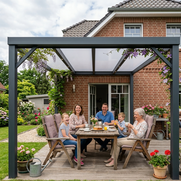 Baugenehmigung Terrassenüberdachung Niedersachsen - Familie mit Kindern sitzt unter ihrer neuen Überdachung im Garten