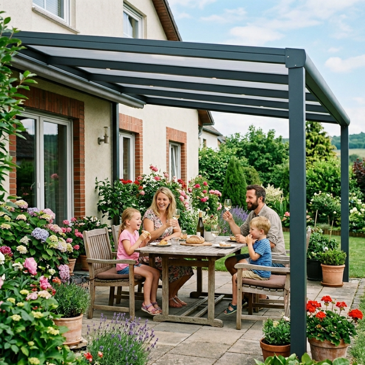 Baugenehmigung Terrassenüberdachung Rheinland-Pfalz - Zufriedene Familie sitzt unter ihrer neuen Überdachung