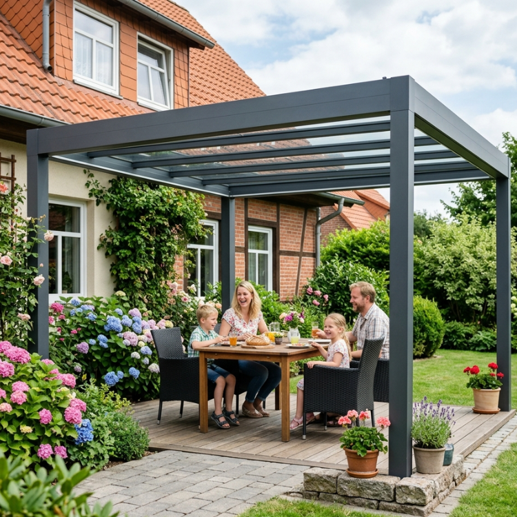 Baugenehmigung Terrassenüberdachung Sachsen - Zufriedene Familie mit Kindern sitzt unter ihrer neuen Überdachung