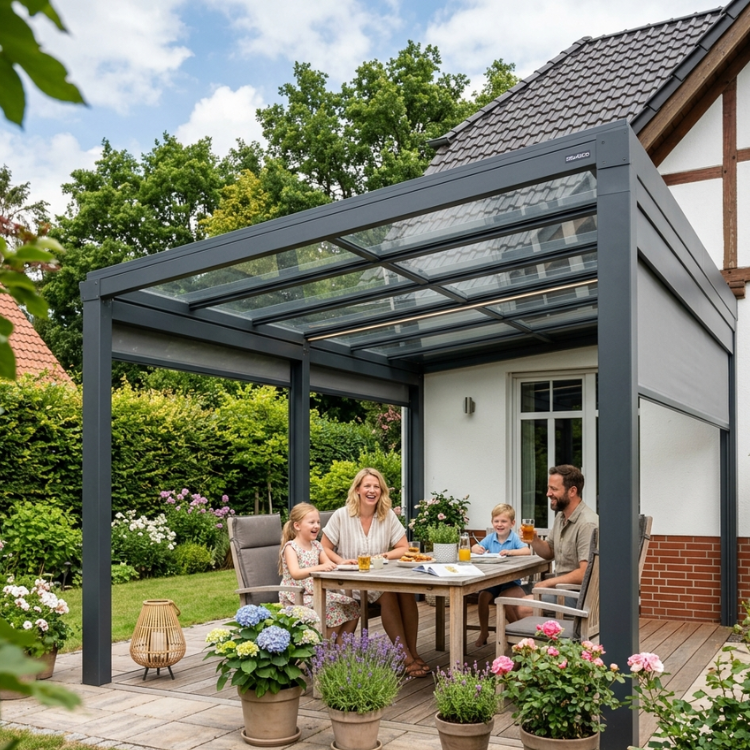 Baugenehmigung Terrassenüberdachung Schleswig-Holstein - Glückliche Familie mit Kindern sitzt unter ihrer neuen Überdachung