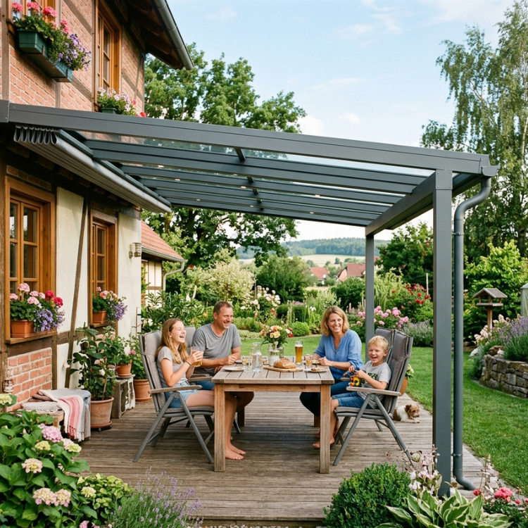 Baugenehmigung Terrassenüberdachung Thüringen - Familie mit Kindern sitzt unter ihrer neuen Überdachung