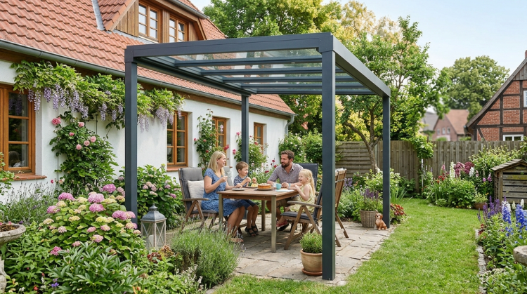 Fertiges Fundament Terrassenüberung - Familie sitzt im Garten