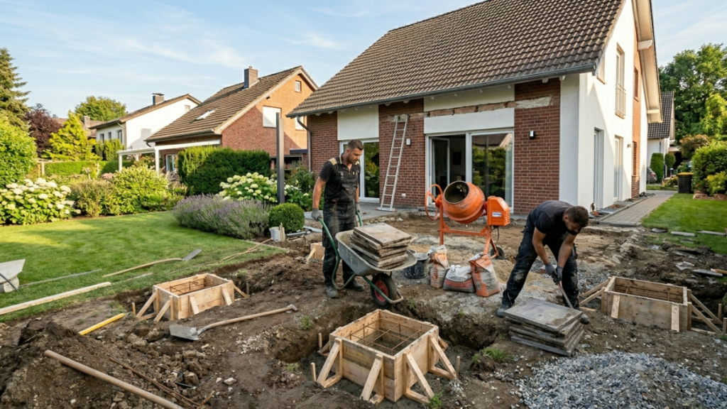 Fundament Terrassenüberdachung - Mitarbeiter gießen die Sockel für die neue Überdachung im Garten