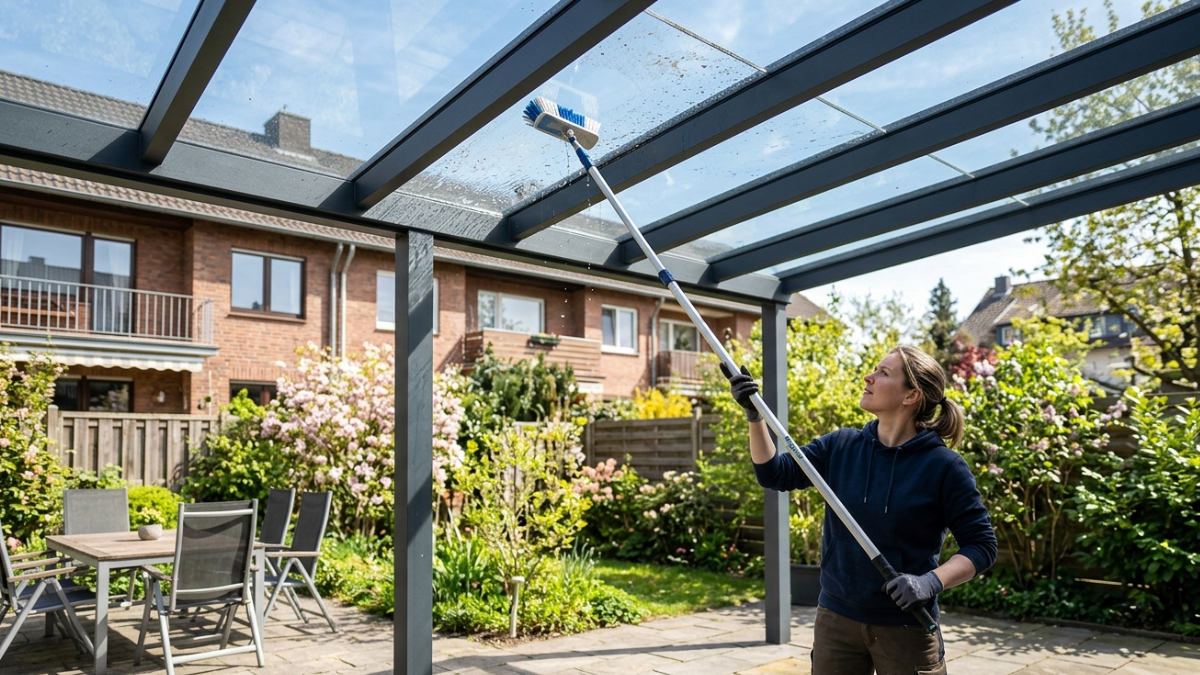 Terrassenüberdachung reinigen - Frau reinigt ihr Terrassendach