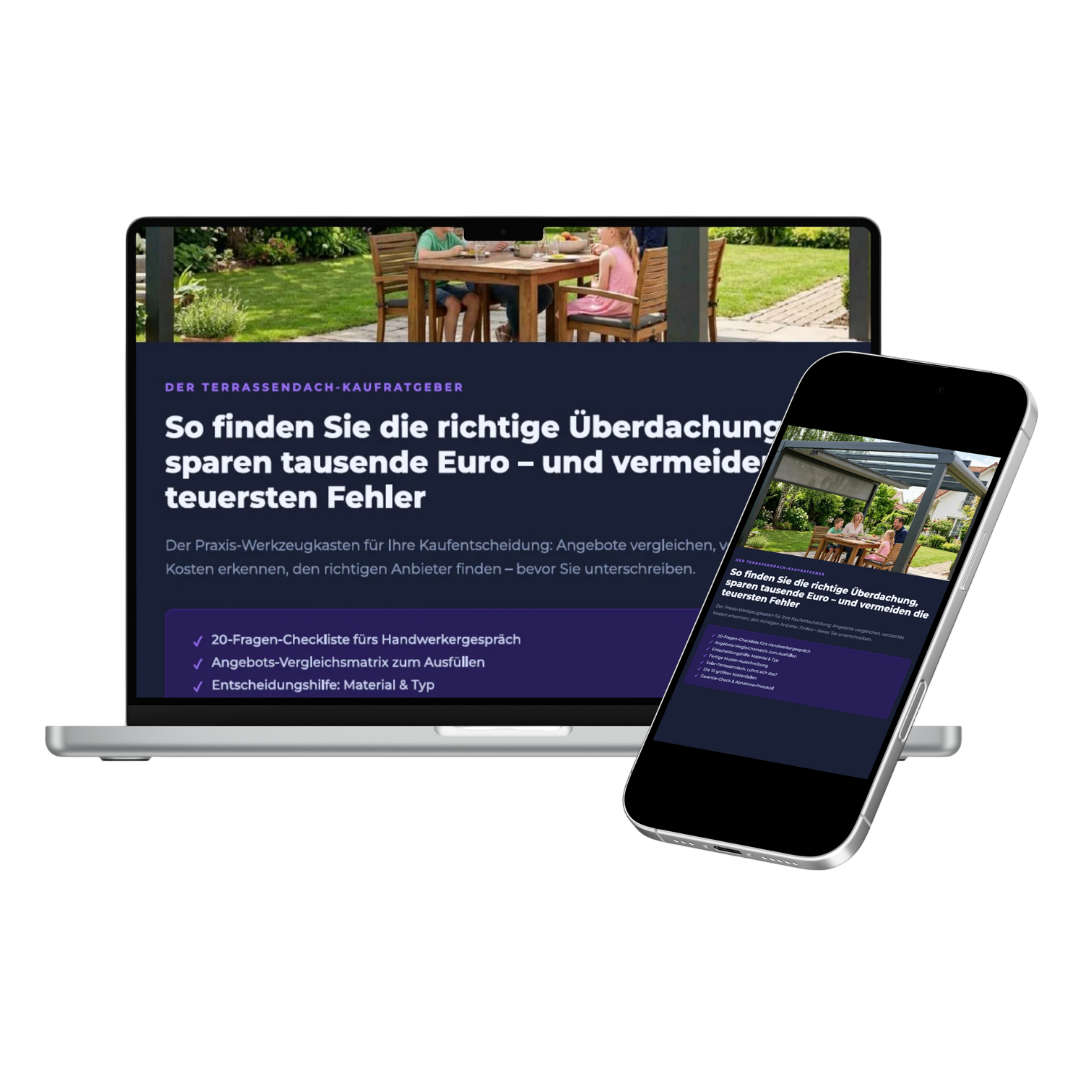 E-Book Mockup: Der Terrassendach-Kaufratgeber 2026 als PDF auf Laptop und Smartphone