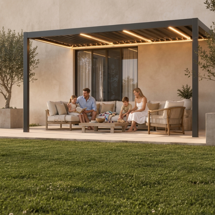 Durchdacht Aircube Plus - Glückliche Familie sitzt unter ihrem Terrassendach im Garten