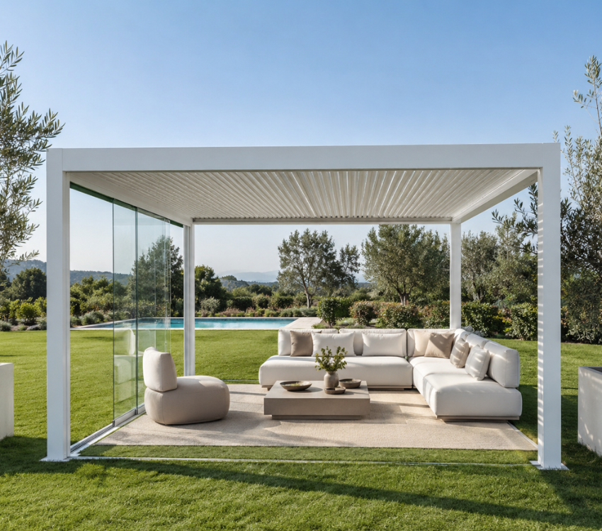 Durdacht Pergola in weiß, freistehend im Garten