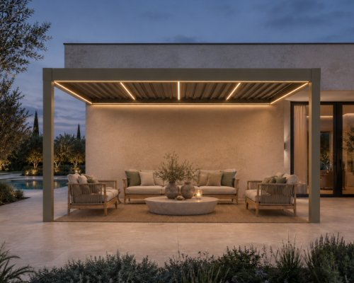 Durchdacht AirCube Pro - Lammellendach mit LED-Beleuchtung bei Nacht